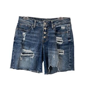 Maurices Mid Rise Cut Off Distressed Exposed Button Fly Bermuda Jean Shorts Sz 6